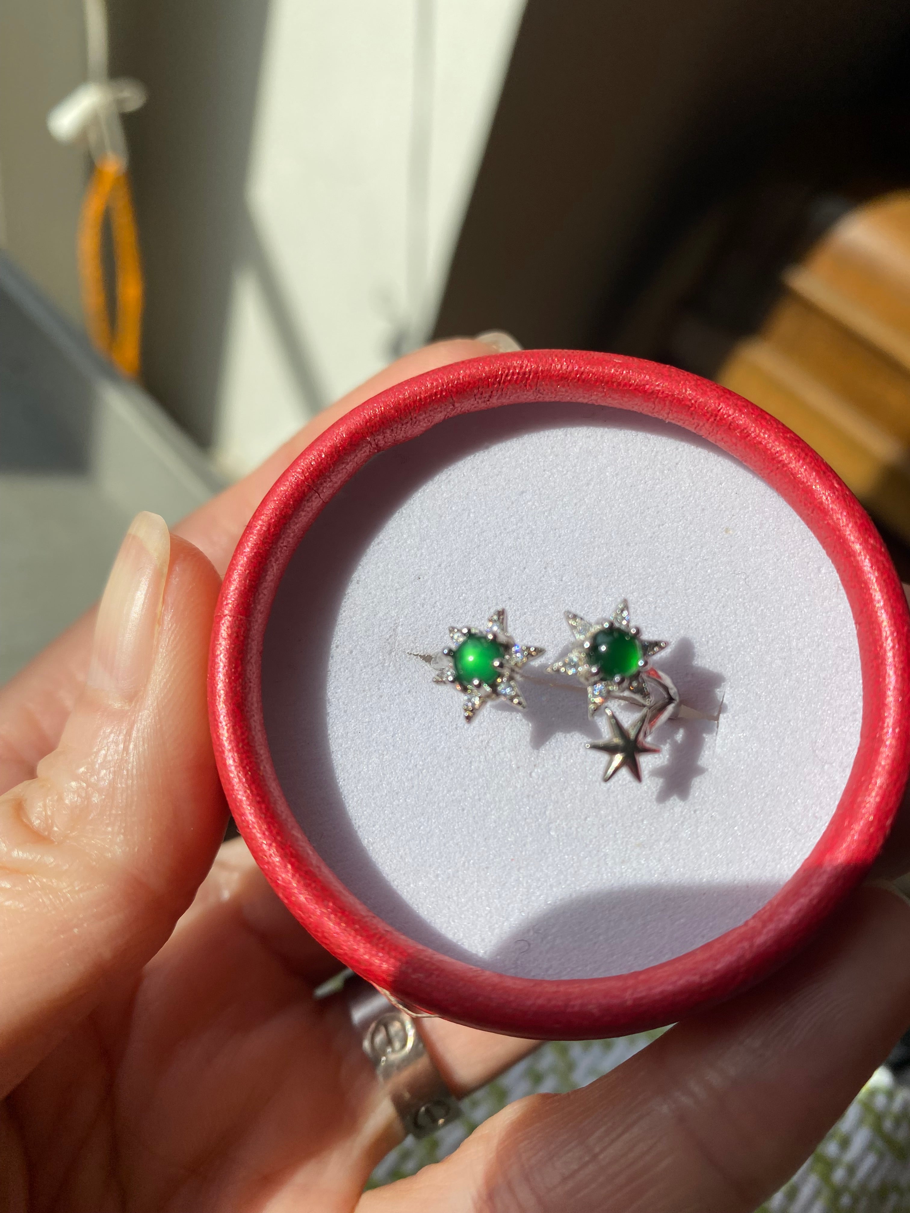 Double stars imperial green FeiCui Jade silver ring