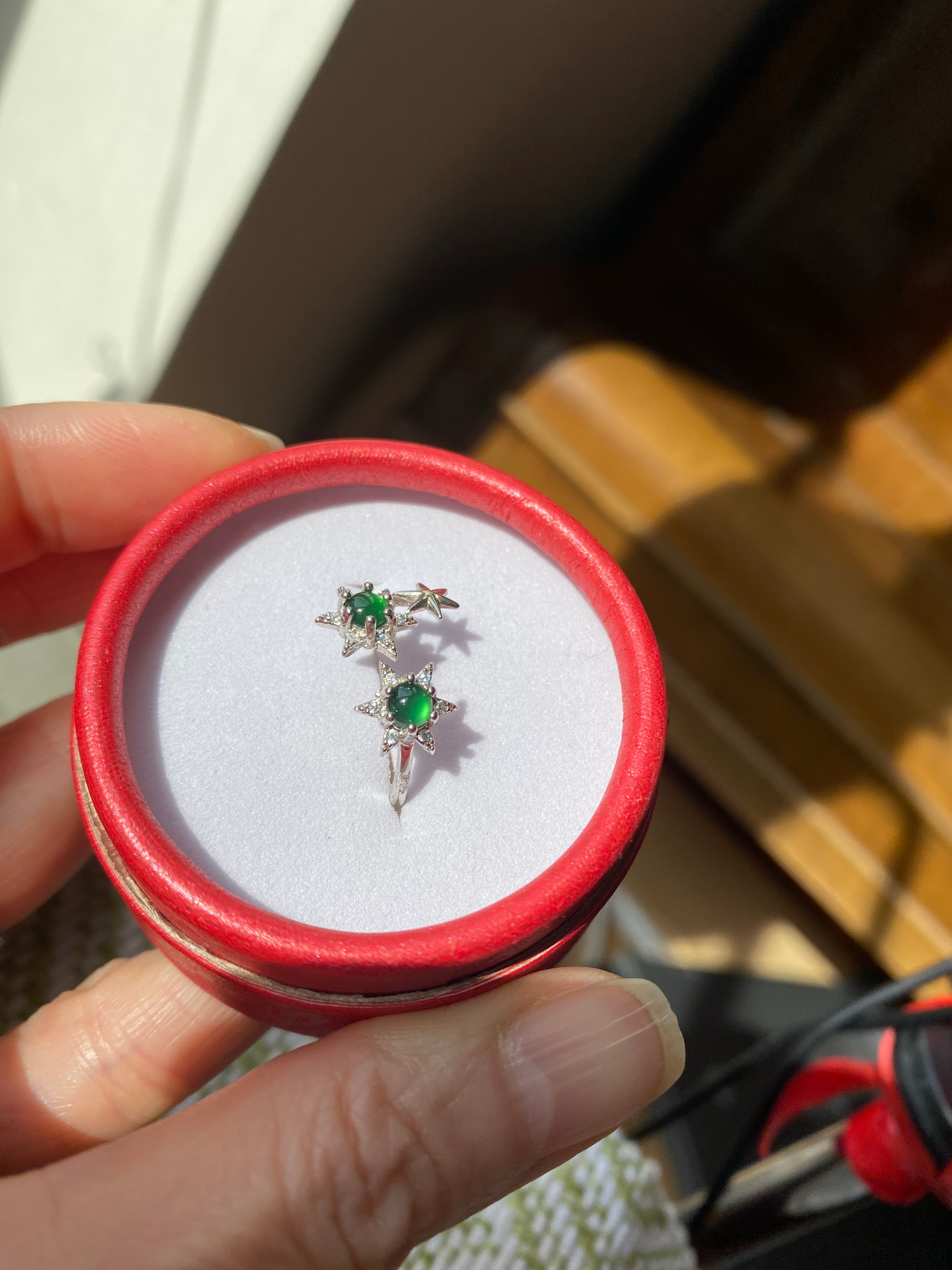 Double stars imperial green FeiCui Jade silver ring