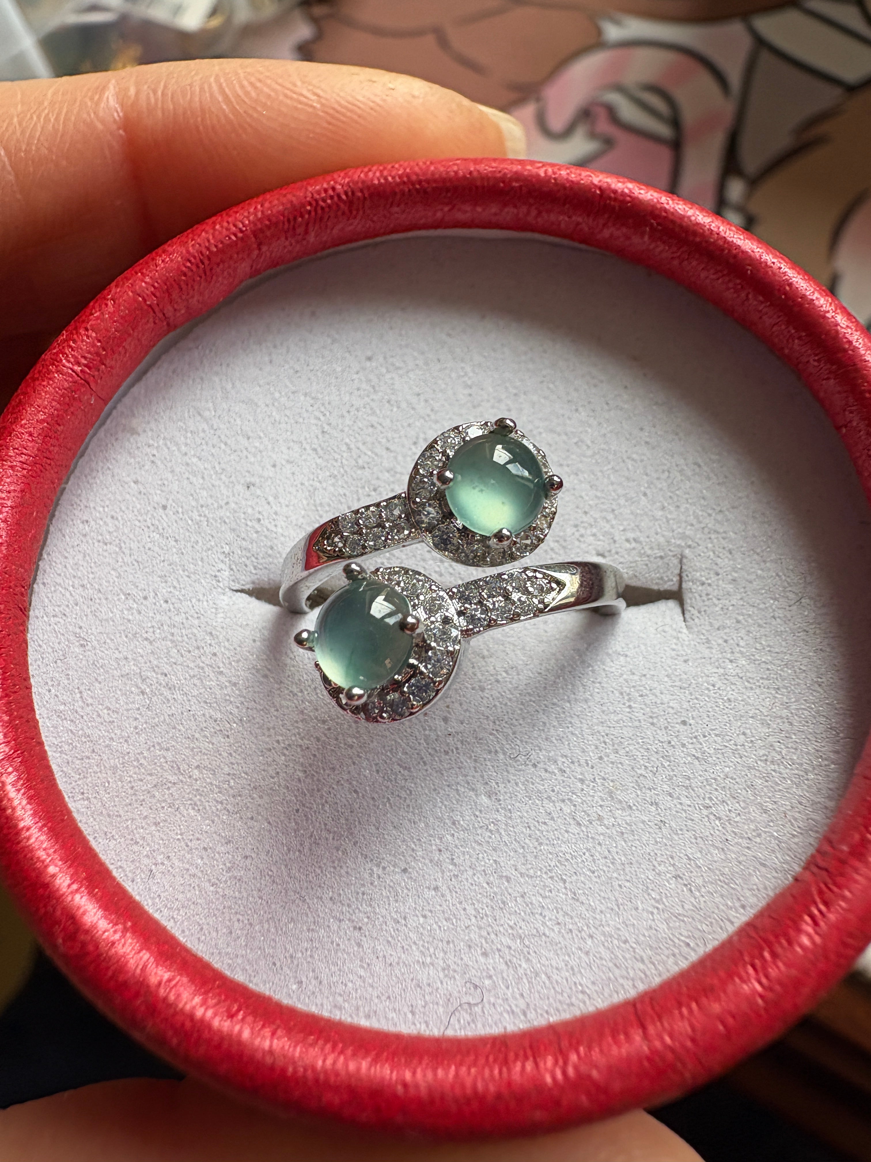 Light blue FeiCui Jade double stones ring in silver