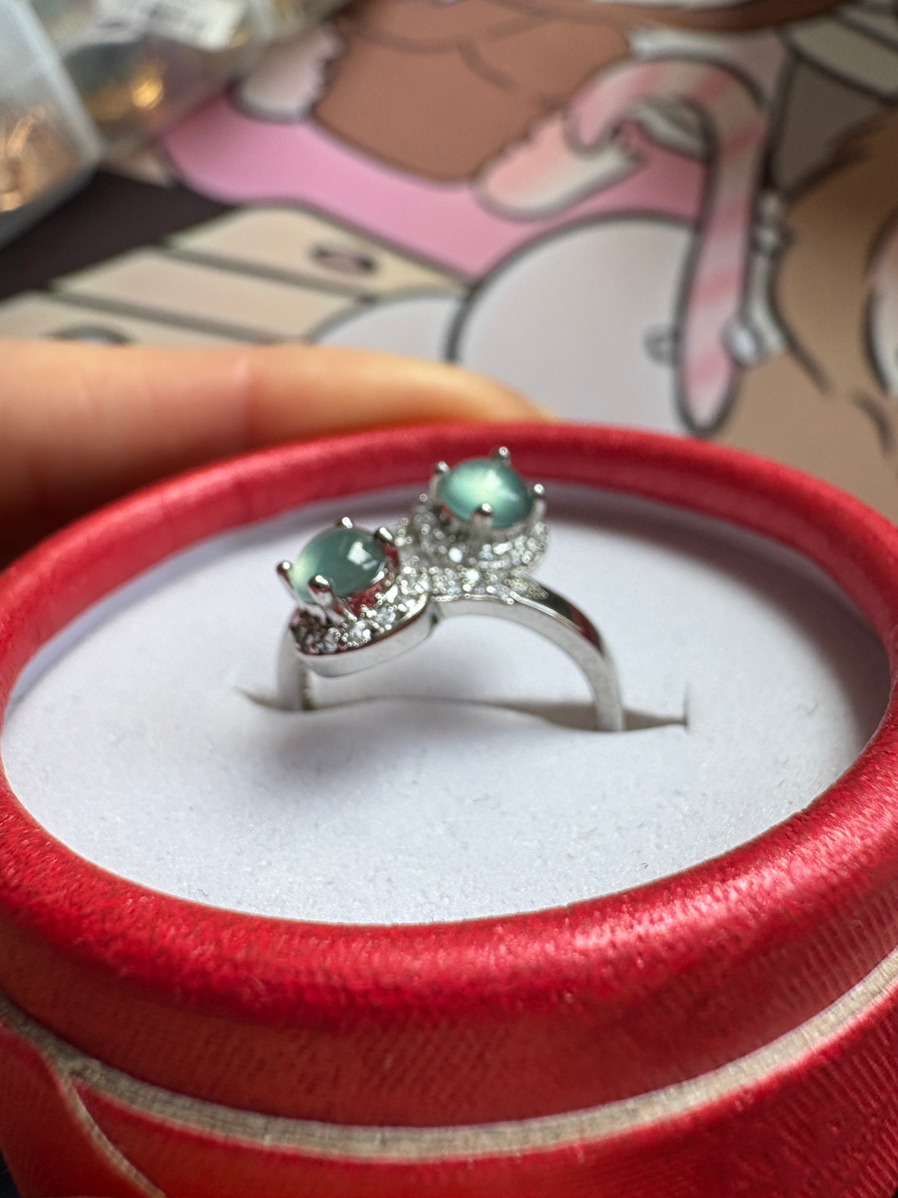 Light blue FeiCui Jade double stones ring in silver