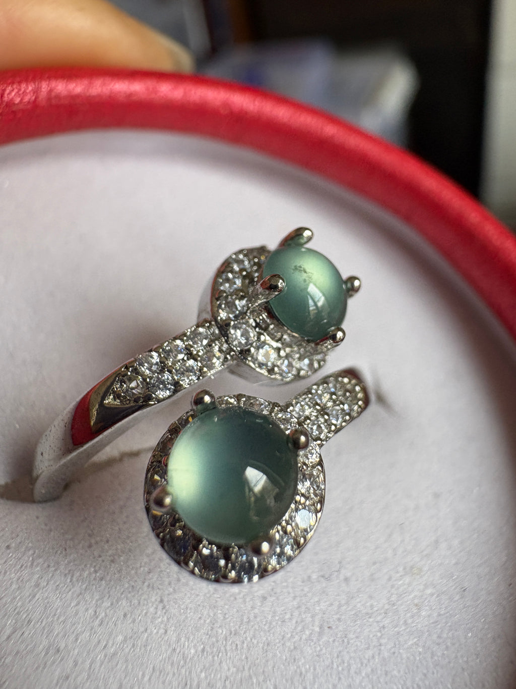 Light blue FeiCui Jade double stones ring in silver