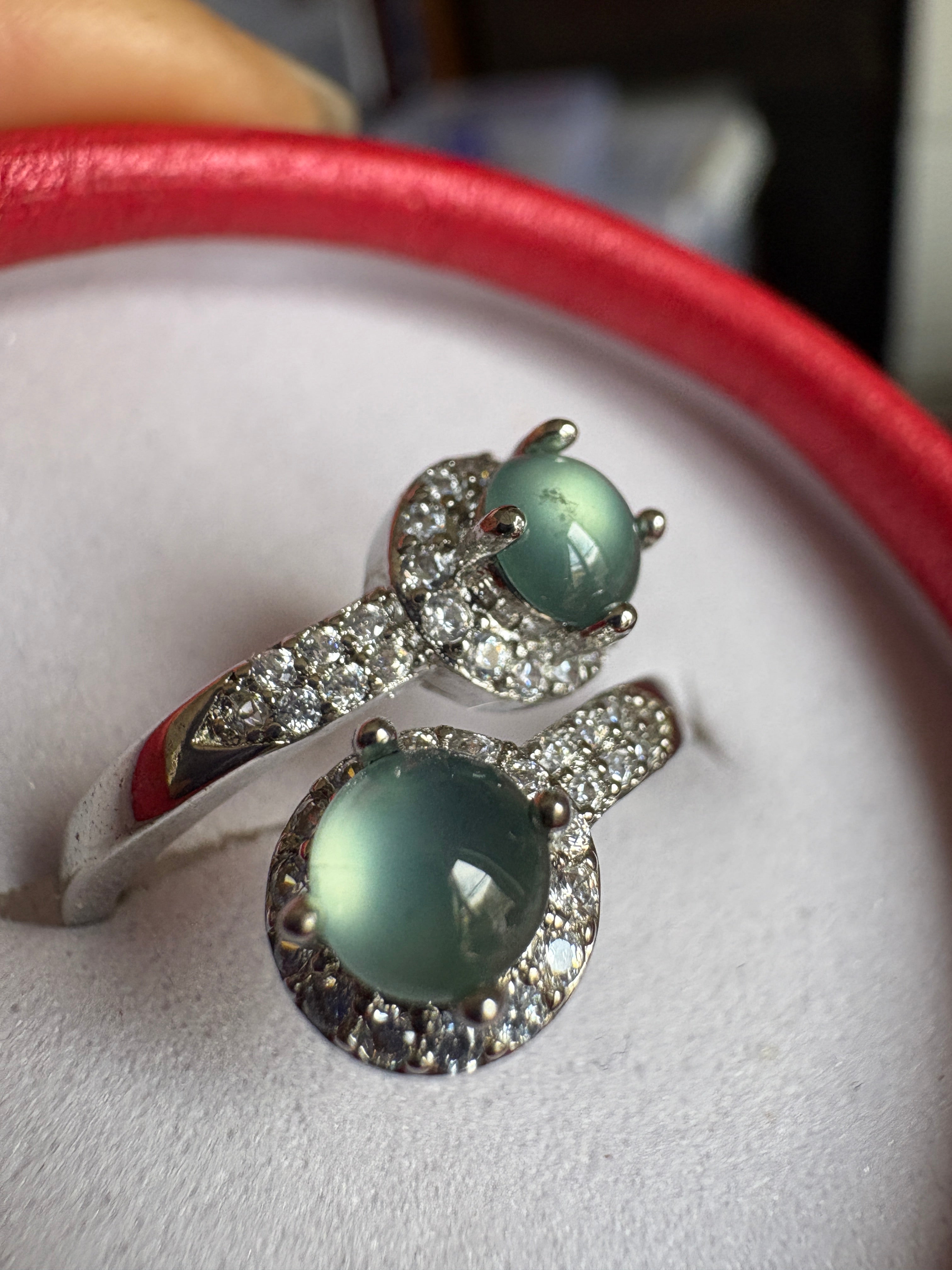 Light blue FeiCui Jade double stones ring in silver