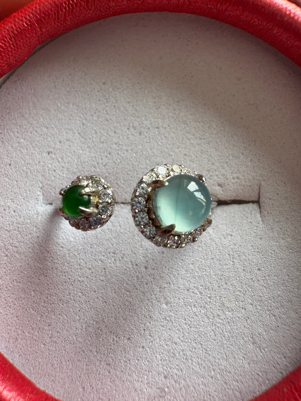 Icy blue, imperial green FeiCui jade silver ring