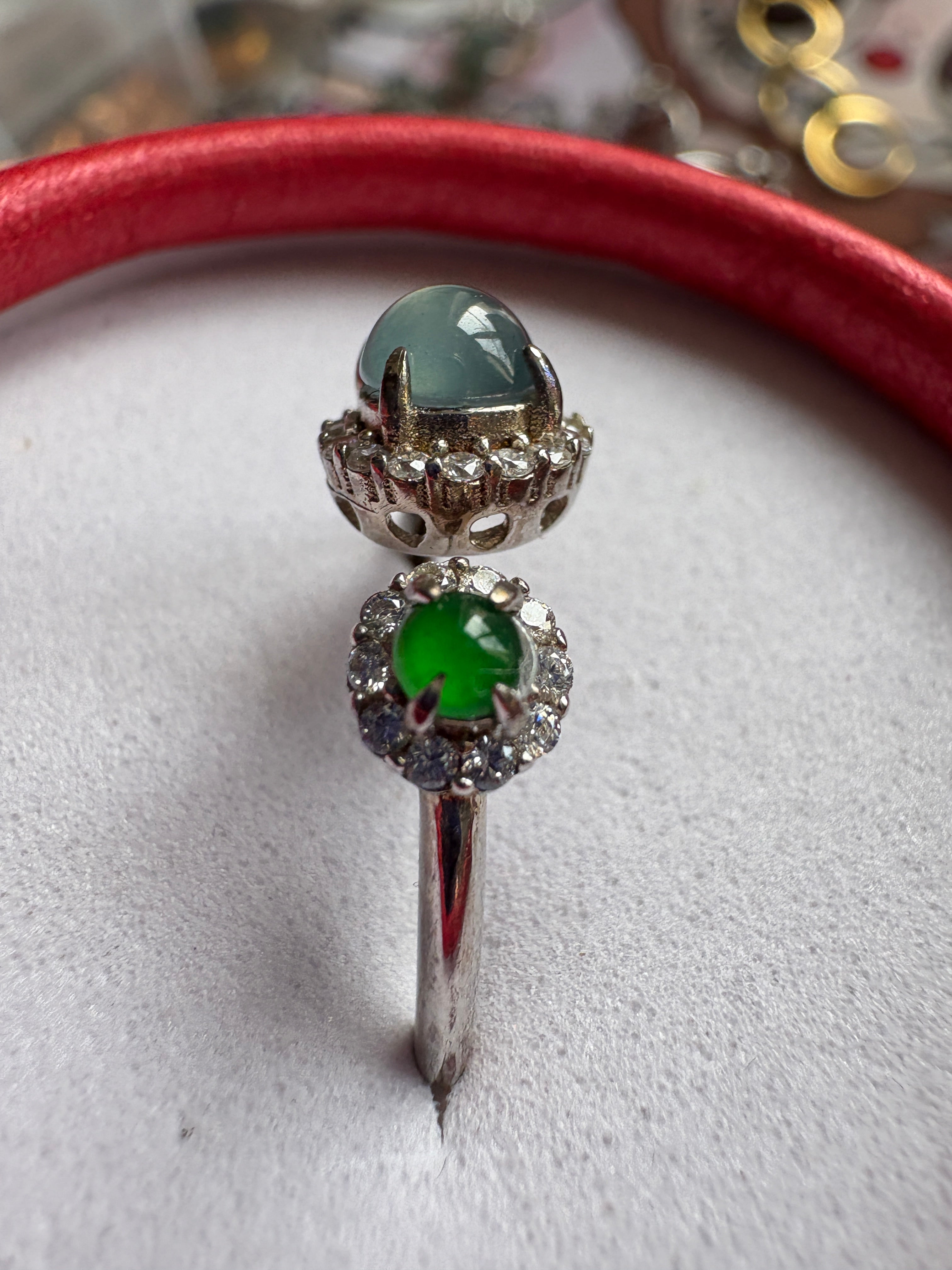 Icy blue, imperial green FeiCui jade silver ring
