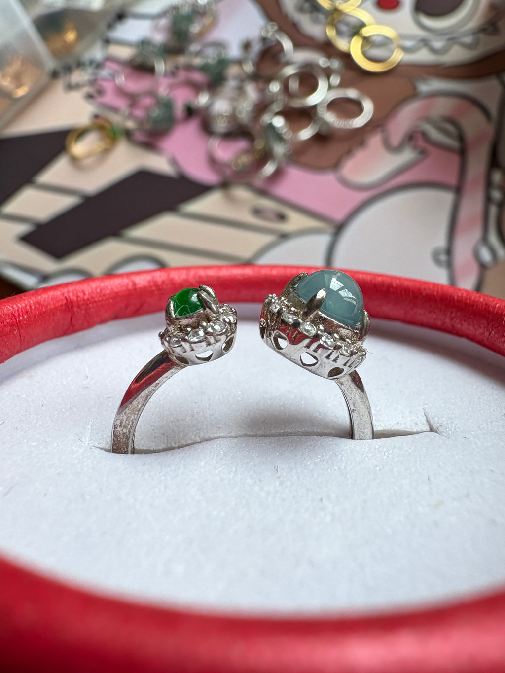 Icy blue, imperial green FeiCui jade silver ring