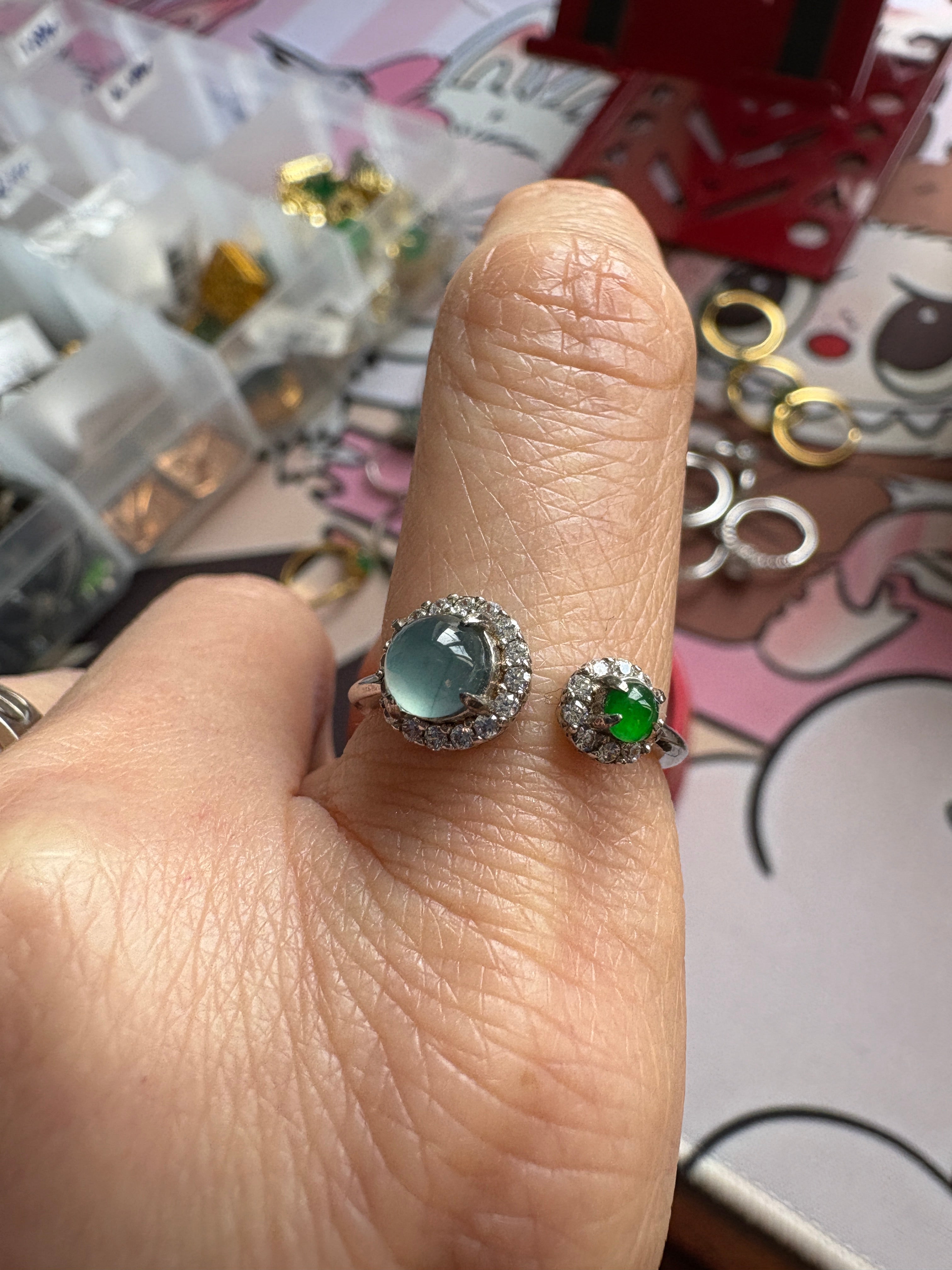 Icy blue, imperial green FeiCui jade silver ring